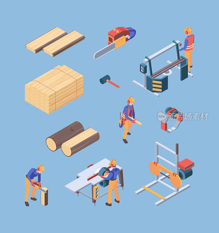 Lumber work. Repair workers wooden production carpentry builders wall installation vector sawmill tools